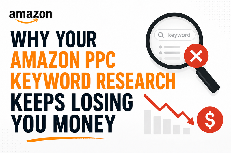 Why Your Amazon PPC Keyword Research Keeps Losing You Money – clean Amazon advertising graphic featuring keyword research analysis, declining PPC performance chart, failed keyword targeting, wasted ad spend, and reduced Amazon FBA profitability.