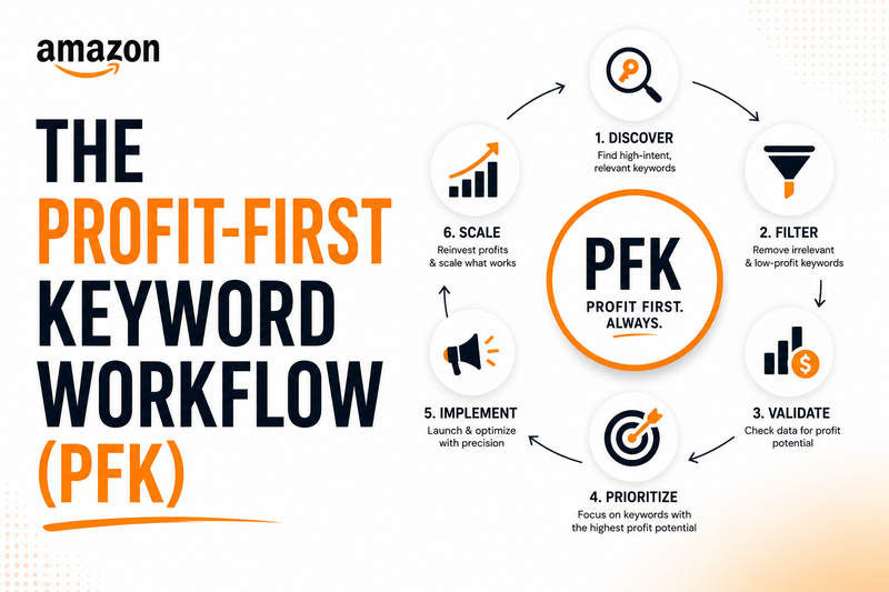 The Profit-First Keyword Workflow (PFK) infographic for Amazon PPC, illustrating a systematic process for discovering, filtering, validating, prioritizing, implementing, and scaling profitable keywords to maximize Amazon advertising performance and seller profitability.