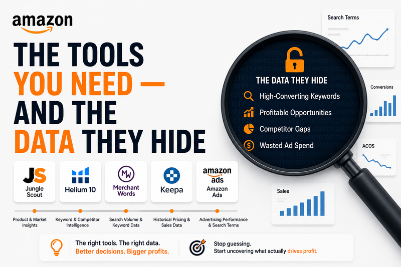 The Tools You Need — and the Data They Hide infographic showcasing Amazon seller tools and hidden performance insights, including keyword opportunities, competitor gaps, search term data, advertising efficiency, and profit-driving analytics.