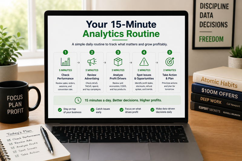 Professional Amazon seller workspace featuring a laptop displaying a 15-minute analytics routine dashboard. The step-by-step framework helps business owners review performance, monitor advertising metrics, analyze profit drivers, identify issues, and take action for profitable growth.