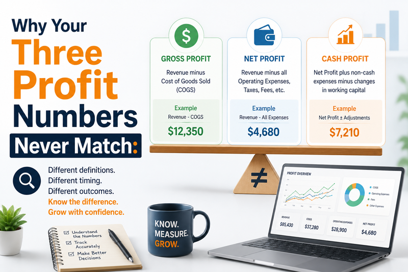 Business infographic explaining why three profit numbers never match, comparing Gross Profit, Net Profit, and Cash Profit with visual examples, financial dashboards, and analytics tools in a clean, modern workspace.