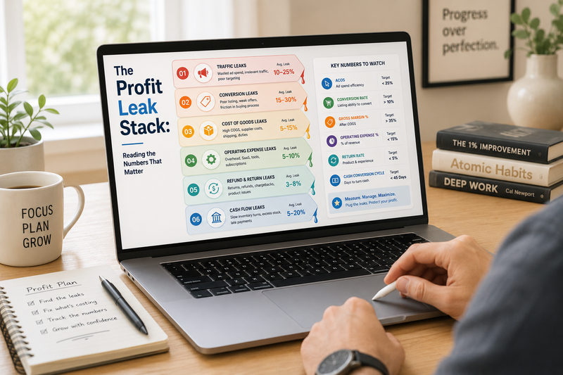 Professional home office workspace with a laptop displaying The Profit Leak Stack analytics framework, helping Amazon sellers identify hidden profit leaks across advertising, operations, inventory, and cash flow. Clean desk setup with productivity books, coffee mug, notebook, and natural lighting.