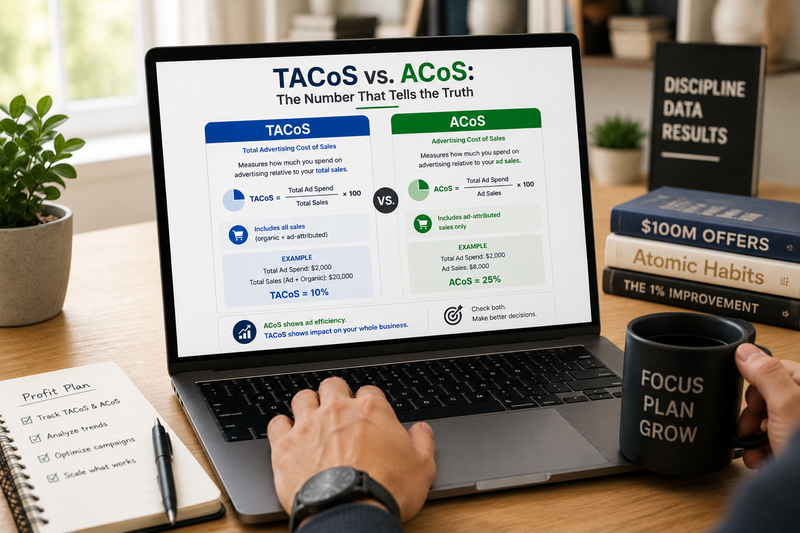 Amazon seller analyzing TACoS vs ACoS metrics on a laptop in a modern workspace. Clean lifestyle scene featuring performance marketing dashboards, productivity books, coffee mug, and strategic planning tools focused on profitable Amazon advertising decisions.