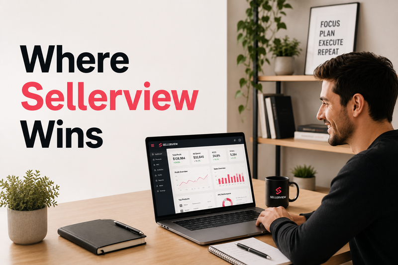 Amazon seller working on a laptop displaying business analytics while reviewing performance data in a modern office workspace. Lifestyle image representing how Sellerview helps Amazon FBA sellers track profits, monitor KPIs, and make better business decisions with real-time insights.