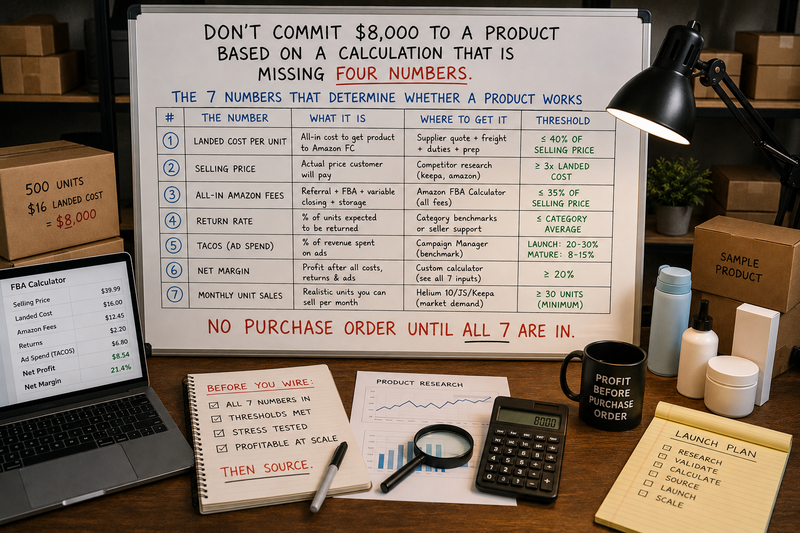 Amazon FBA product sourcing workspace featuring profitability analysis, inventory planning, purchase order evaluation, product samples, and financial validation tools used before committing capital to inventory.
