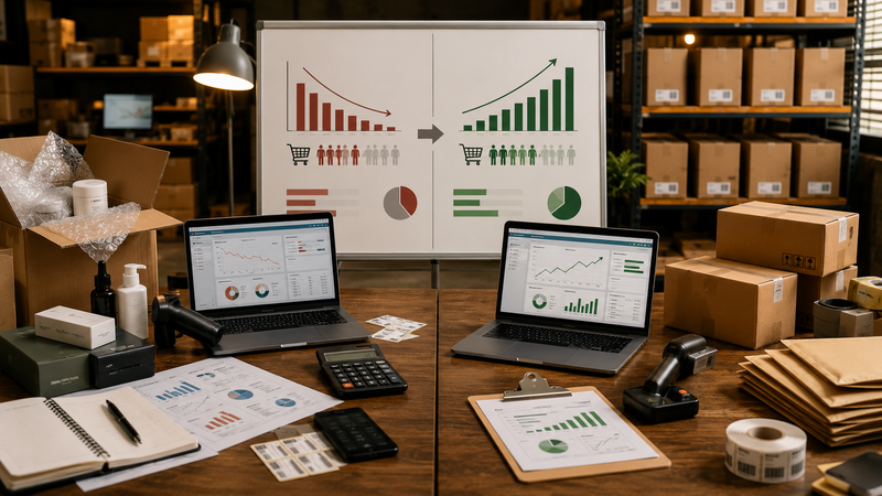 Amazon FBA product validation workspace with inventory cartons, shipping supplies, analytics dashboards, and a visual comparison of launch-stage versus mature-stage profitability planning in a warehouse office environment.