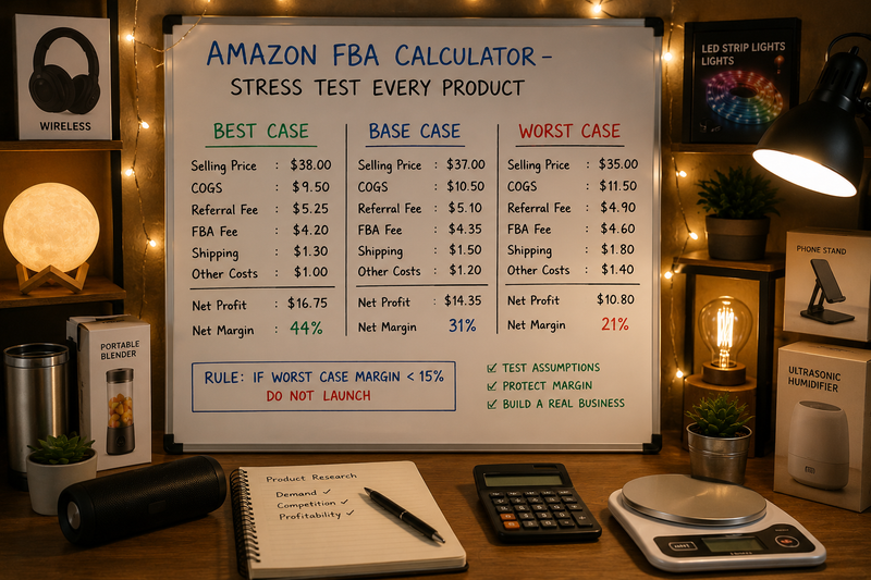 Amazon FBA product evaluation board displaying best-case, base-case, and worst-case profitability scenarios, surrounded by inventory products, planning tools, and ambient workspace lighting.