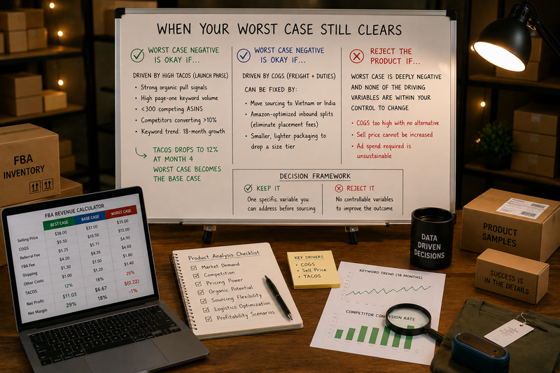 Amazon FBA product evaluation workspace featuring scenario planning, profitability analysis, inventory samples, market research reports, and decision-making tools used to assess product viability before sourcing.