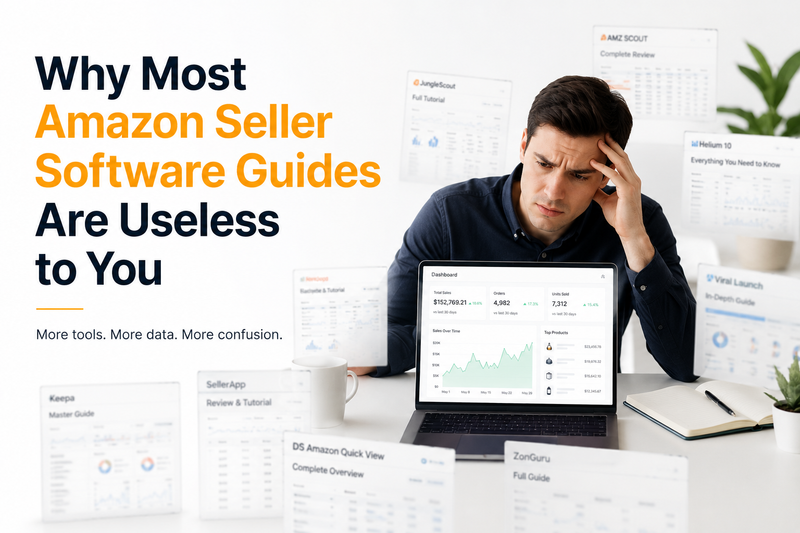 Frustrated Amazon seller reviewing multiple software guides and dashboards at a clean workspace, highlighting the challenge of choosing the right Amazon seller software. The image features the headline “Why Most Amazon Seller Software Guides Are Useless to You” and represents software comparison, Amazon FBA tools, seller analytics, business automation, and eCommerce decision-making in a modern minimalist office setting.