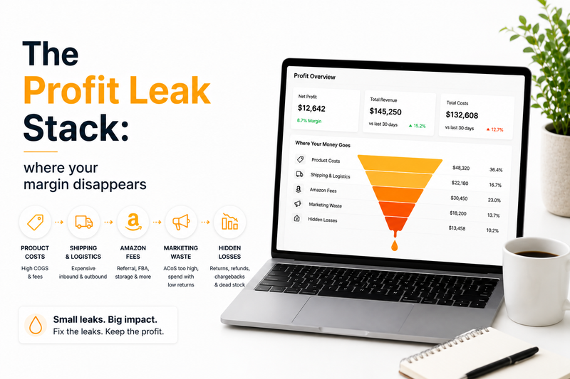 Minimalist Amazon seller profitability infographic featuring the headline “The Profit Leak Stack: Where Your Margin Disappears” alongside a laptop displaying a profit dashboard and margin leakage funnel. The visual highlights key Amazon profit drains including product costs, shipping and logistics, Amazon fees, PPC advertising waste, and hidden losses. Clean white background with yellow-orange accents, designed to illustrate Amazon FBA profit analysis, margin tracking, cost breakdowns, and eCommerce profitability optimization.