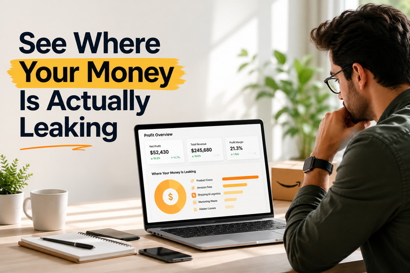Amazon seller reviewing a profitability dashboard on a laptop in a bright modern workspace, with the headline “See Where Your Money Is Actually Leaking.” The image highlights Amazon FBA profit analysis, hidden cost tracking, margin leaks, Amazon fees, PPC spend, and business profitability insights. Clean lifestyle-style design with minimal text, yellow accents, and a professional eCommerce analytics workspace.