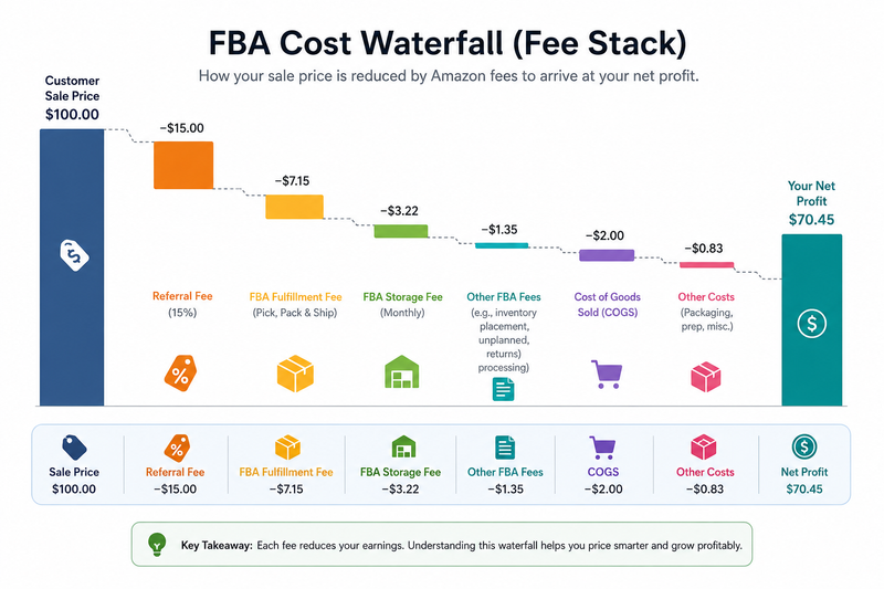 Waterfall chart illustrating Amazon FBA fee breakdown from a $100 sale price to $70.45 net profit, showing deductions for referral fees, FBA fulfillment fees, storage fees, additional FBA charges, cost of goods sold (COGS), and other business expenses.