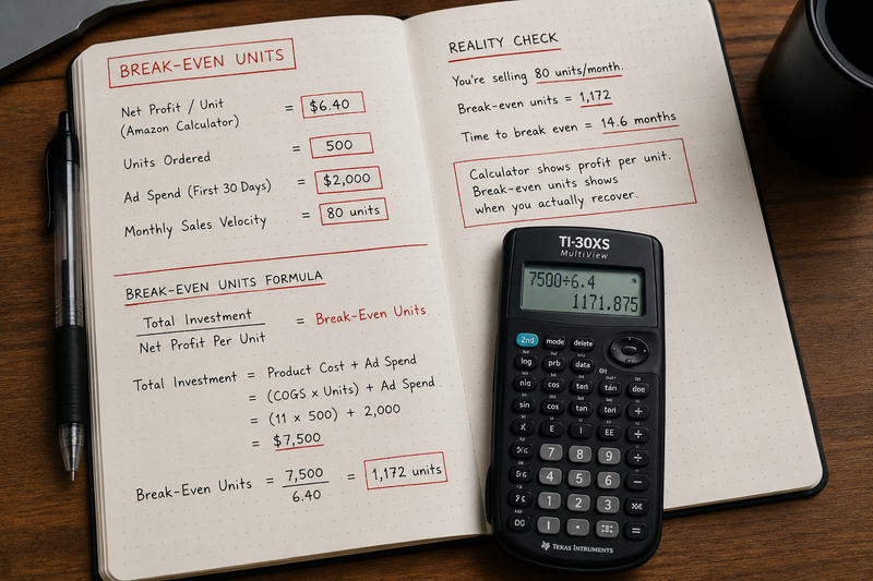 Notebook and calculator showing Amazon FBA break-even analysis, highlighting the gap between profit per sale and actual investment recovery.