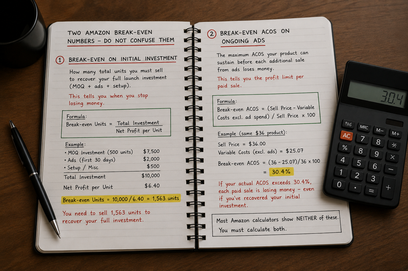 Notebook and calculator comparing two Amazon FBA break-even metrics: investment recovery and break-even ACoS for profitable advertising.