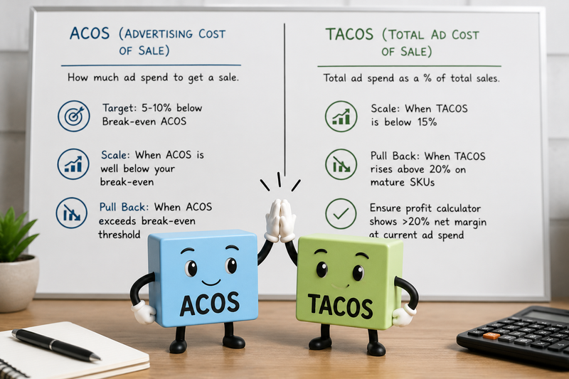 Two playful ACOS and TACOS characters standing on a desk in front of a simple strategy board, representing Amazon PPC scaling decisions based on advertising efficiency and profitability metrics.