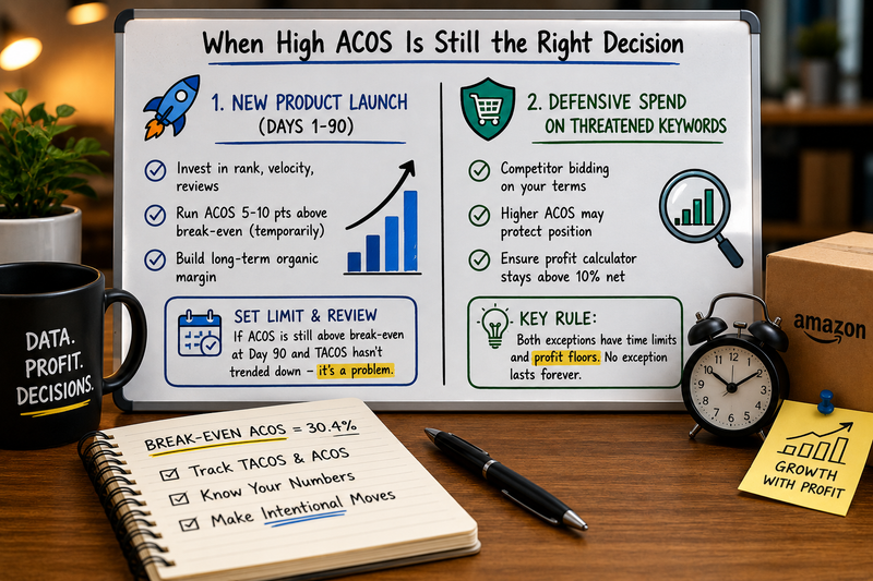 Desk workspace with a strategy board illustrating two situations where high ACoS is acceptable: new product launches and defensive keyword bidding, emphasizing temporary investment and profit protection.