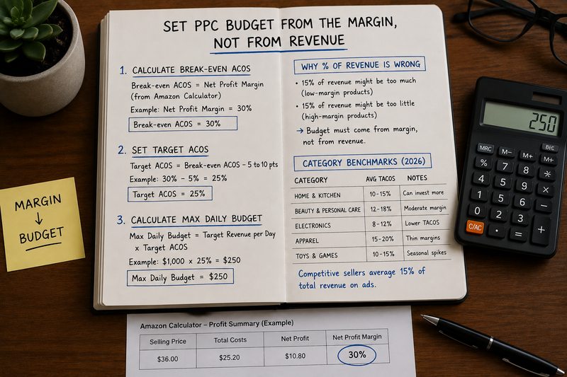 Calculator and notebook showing margin-based Amazon PPC budget planning.