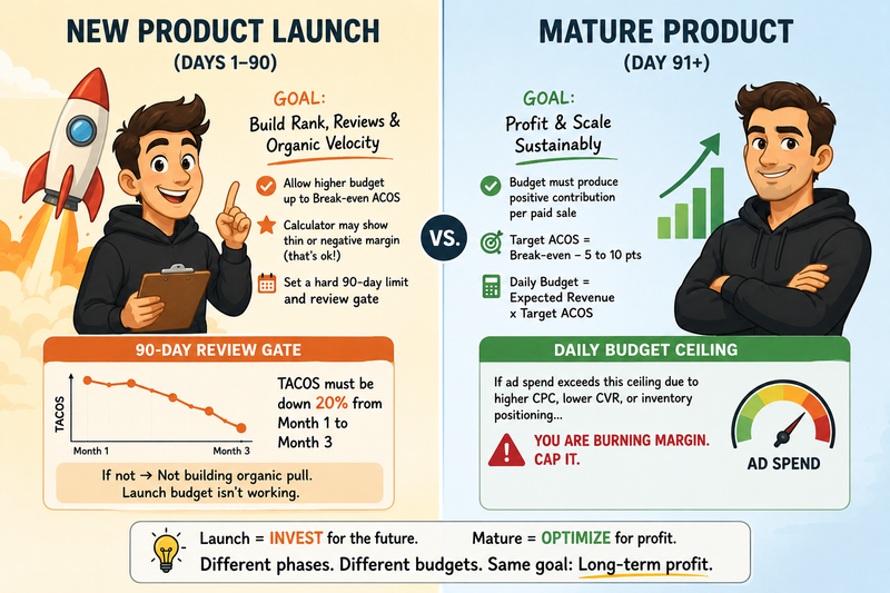 Illustrated comparison of a new product launch and a mature product, showing how Amazon PPC budgets evolve from growth-focused spending to profit-focused budget control.