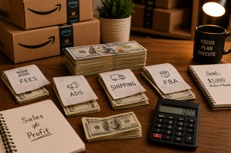 Amazon FBA parcels, cash stacks, expense receipts, and a calculator illustrating how fees, advertising, shipping, and fulfillment costs reduce sales revenue before it becomes profit.