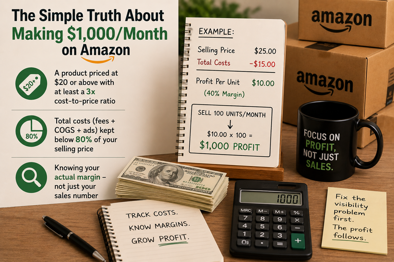Amazon FBA workspace with cash, calculator, inventory boxes, and profit planning notes, illustrating the key factors required to achieve $1,000 per month in profit through healthy margins and cost control.
