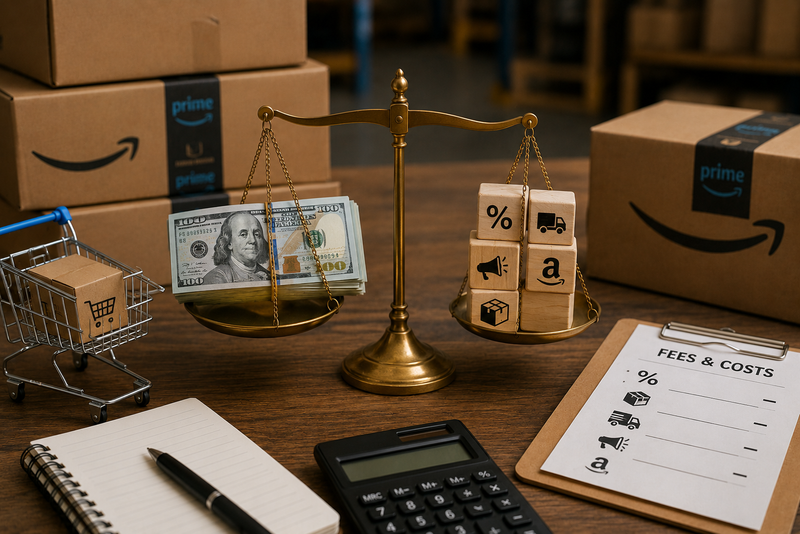 Balance scale with cash on one side and Amazon selling costs on the other, surrounded by FBA cartons, a calculator, and inventory items, illustrating the difference between revenue and profitable bidding decisions.