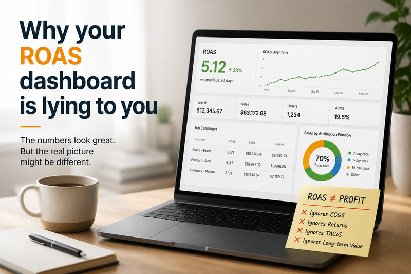 ROAS dashboard showing 5.12x return with ACoS 19.5% — why ROAS does not equal profit on Amazon