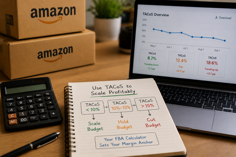 Amazon FBA workspace with inventory boxes, a calculator, and a laptop displaying TACoS trends, illustrating how profitable campaign scaling decisions should be based on TACoS rather than ACoS.