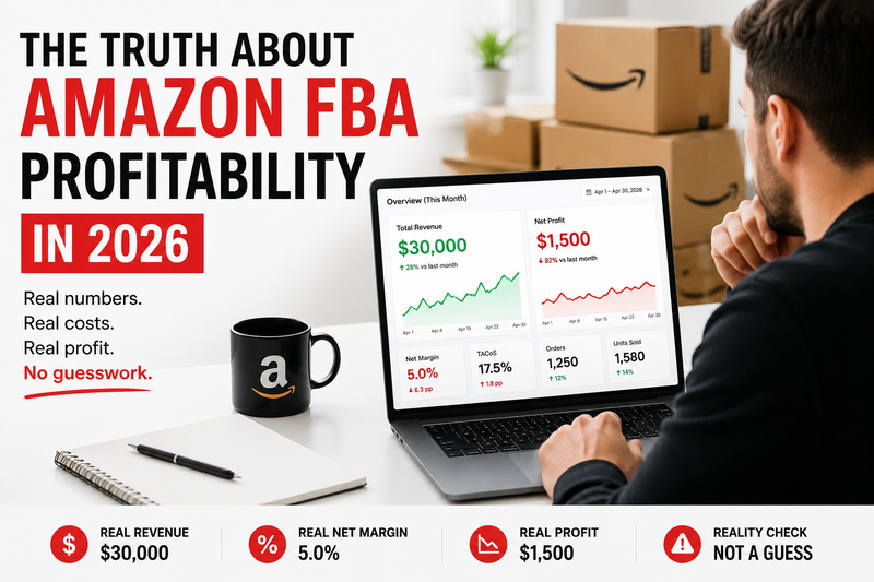 Amazon FBA profitability in 2026 illustrated through a seller reviewing a dashboard showing $30,000 revenue but only $1,500 net profit after Amazon fees, advertising costs, returns, and storage expenses.