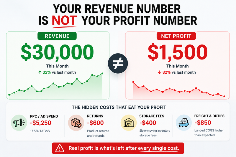 Amazon FBA fee stack 2026 — $30,000 revenue vs $1,500 net profit after PPC, returns, storage and freight costs