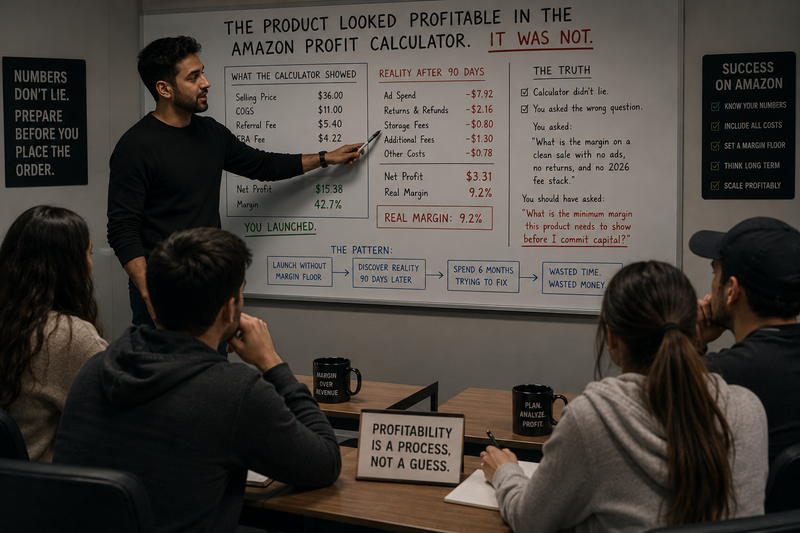 Business training session where an instructor teaches Amazon FBA profitability concepts to a group of sellers in a classroom setting. Students take notes while reviewing profit calculations, margin analysis, and product evaluation frameworks to understand why products that appear profitable before launch can become low-margin businesses after real-world costs are applied.