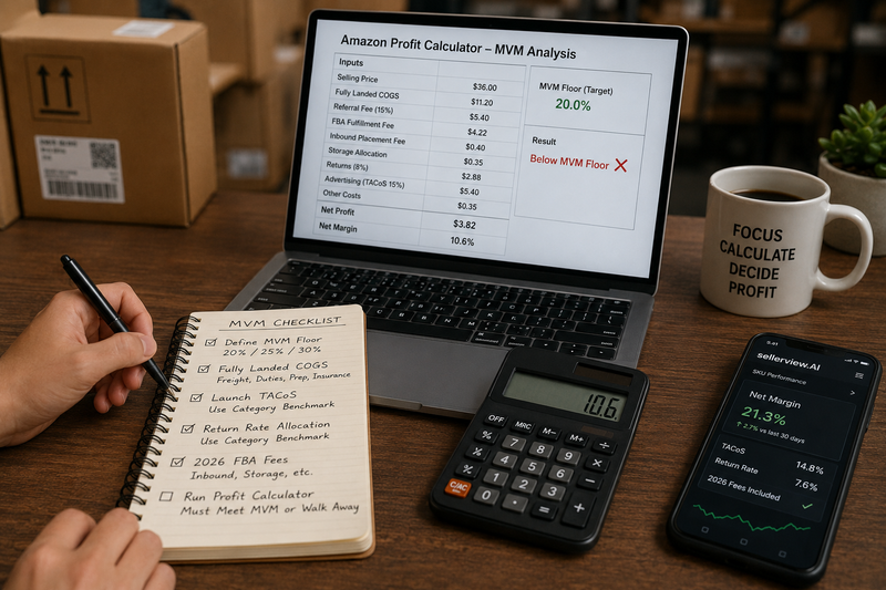 Close-up Amazon FBA planning workspace with a laptop displaying profit analysis, a handwritten product evaluation checklist, calculator, smartphone dashboard, and shipping carton. The scene illustrates a seller defining profitability requirements and validating real-world costs before launching a new product.