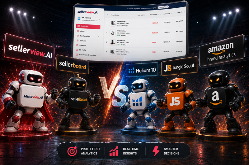 Futuristic tech battle arena where Sellerview.AI faces competing Amazon analytics tools, highlighting a showdown focused on profit tracking, analytics, and business intelligence.