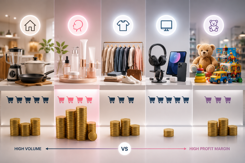 Minimal comparison of five Amazon product categories showing customer demand versus profit potential, with Beauty displaying the strongest profit margins despite not having the highest sales volume.