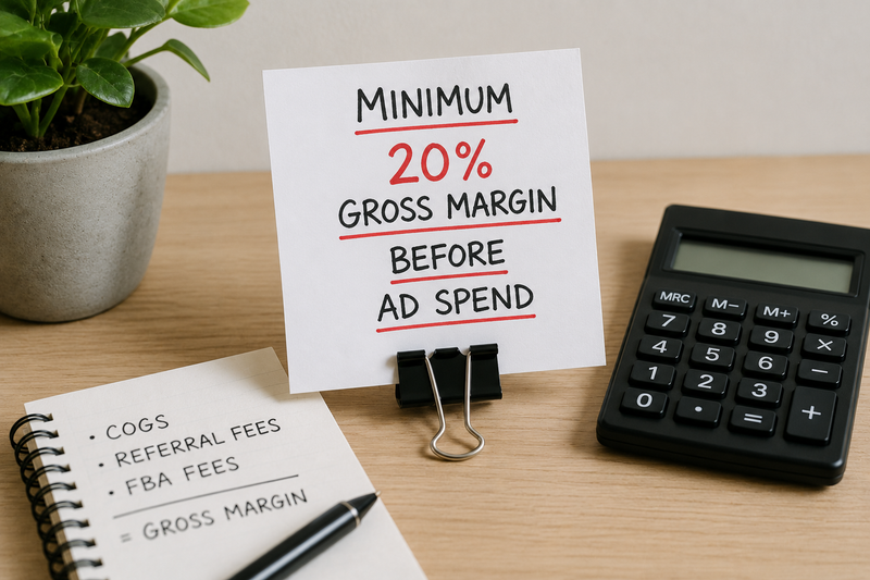 Calculator and margin notes on a desk beside a card highlighting a 20% gross margin target, representing the minimum profitability threshold before investing in Amazon advertising and inventory.