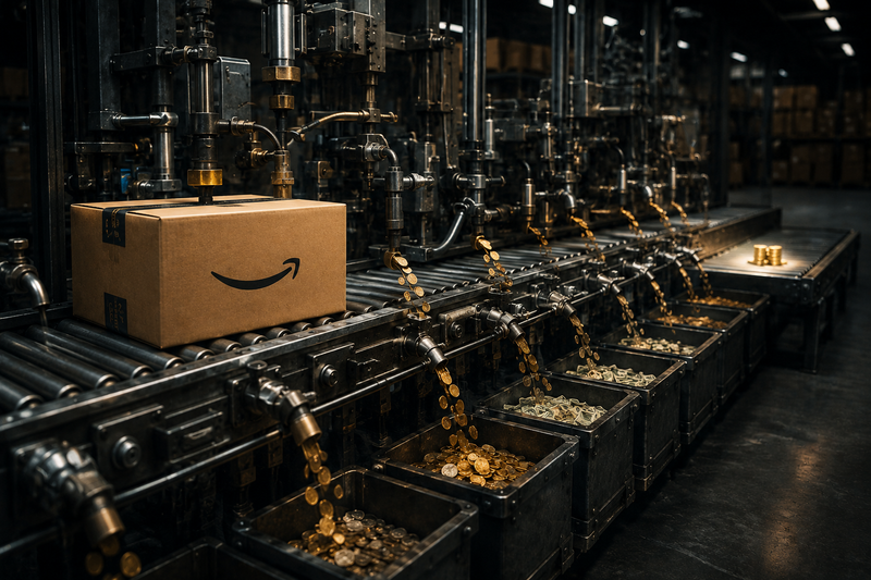 Amazon inventory moving through a complex machine where profits leak away through multiple hidden fee channels before reaching the final payout.