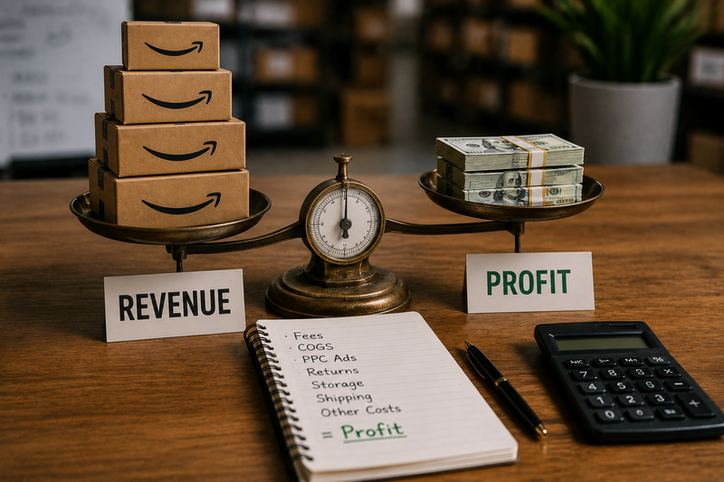 Stacked Amazon orders outweighing a smaller pile of cash on a balance scale, illustrating that high sales do not always translate into high profit.