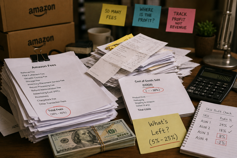 Amazon seller paperwork, fees, and expenses piling up around shrinking profits, illustrating how hidden costs erode margins.