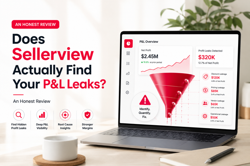 Modern workspace featuring a laptop displaying profit leak analytics and P&L dashboard insights alongside the headline “Does Sellerview Actually Find Your P&L Leaks? An Honest Review.” Clean lifestyle image focused on Amazon seller profitability, financial visibility, and eCommerce business analytics.