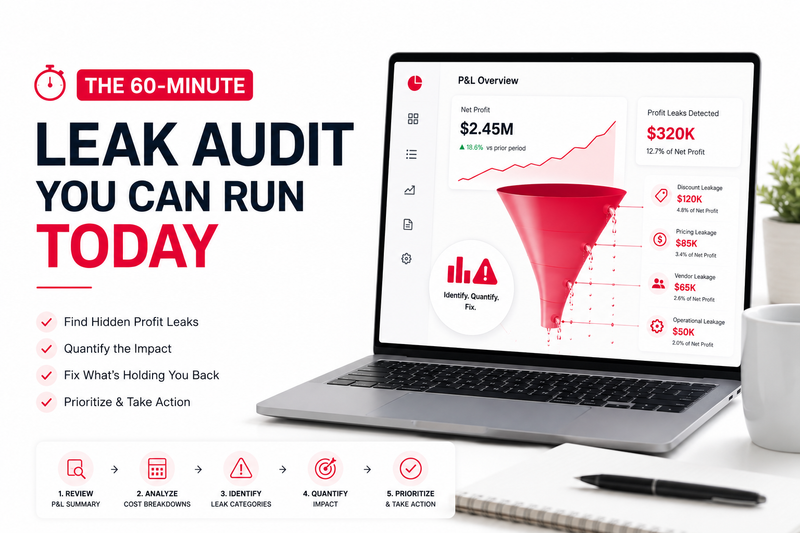 Modern workspace featuring a laptop displaying a profit leak dashboard and the headline “The 60-Minute Leak Audit You Can Run Today.” Clean business lifestyle image focused on identifying hidden profit leaks, quantifying financial impact, and improving Amazon seller profitability.