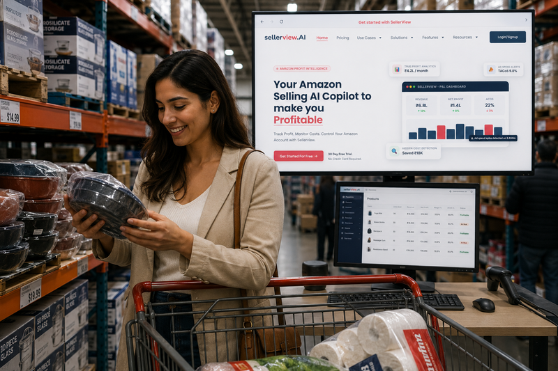 Happy woman shopping in a wholesale warehouse store with a cart, while a Sellerview profit and P&L dashboard is displayed on large screens in the background.