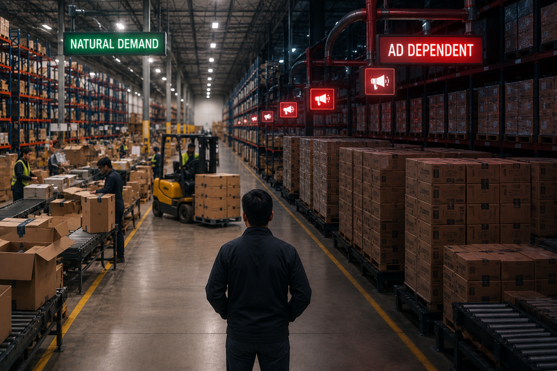 Warehouse manager comparing fast-moving inventory driven by organic demand against stock that relies heavily on advertising to generate sales.