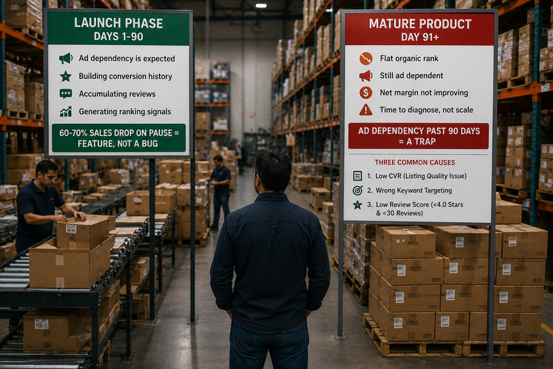 Warehouse manager evaluating inventory performance between a successful product launch and a mature product that remains dependent on advertising for sales.