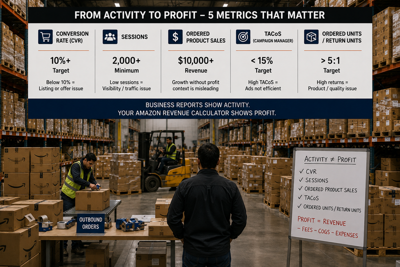 Warehouse operations and inventory activity highlighting the difference between sales metrics and actual profit performance.