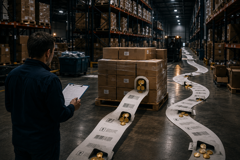 Warehouse manager reviewing inventory while hidden fees and deductions drain value from a successful shipment, illustrating the gap between Amazon sales and actual settlement payouts.