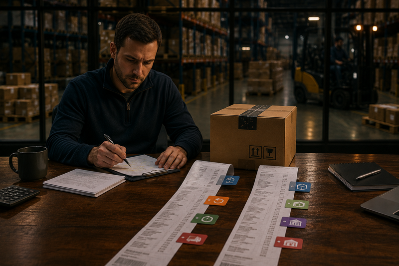 Seller comparing estimated Amazon FBA costs with actual settlement deductions while reviewing inventory records in a warehouse office.