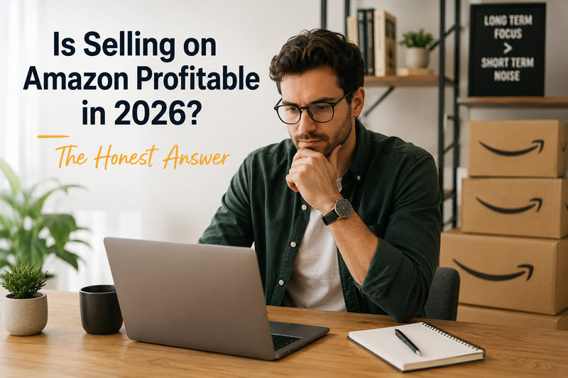 Amazon seller analyzing profitability and business performance in 2026 from a modern home office with shipping boxes and laptop, illustrating Amazon FBA and eCommerce growth strategies.