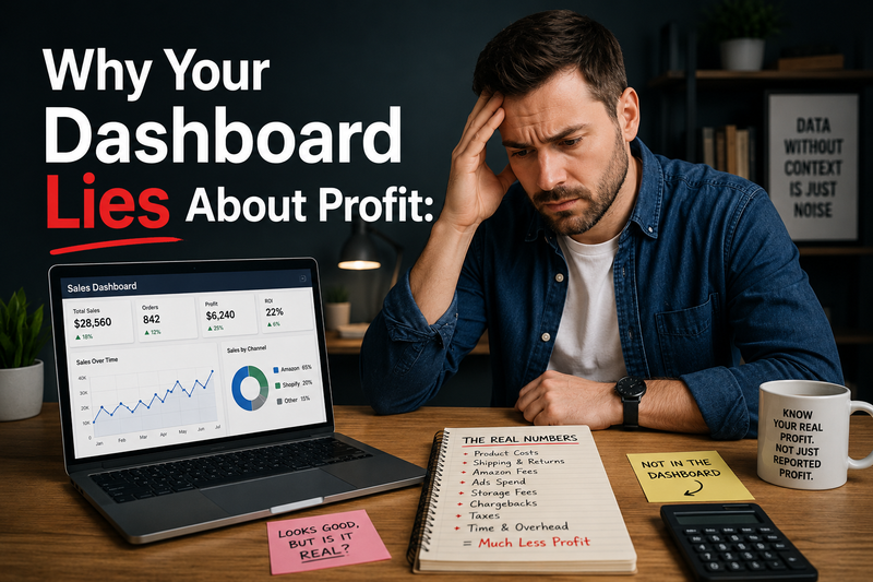 Amazon seller comparing dashboard profit metrics with real business expenses, illustrating hidden costs, Amazon fees, advertising spend, and the difference between reported revenue and true eCommerce profitability.