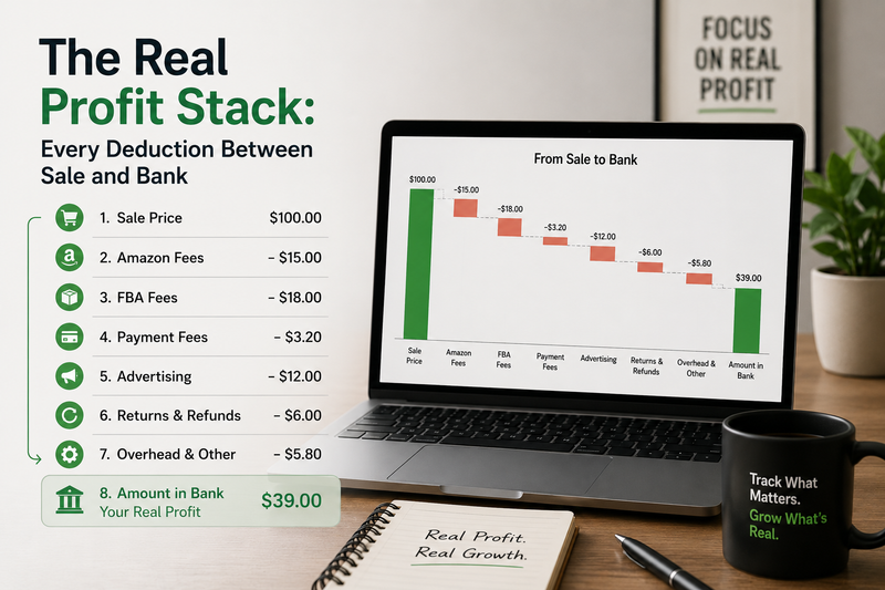 Amazon profit stack illustration showing deductions from sale price to net profit, including Amazon fees, FBA costs, advertising expenses, returns, refunds, and operating overhead.