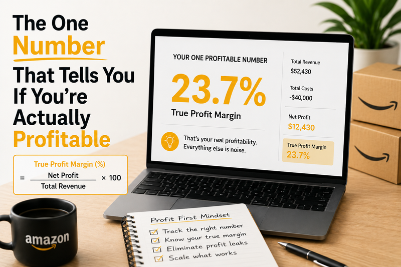 True profit margin dashboard for Amazon sellers showing net profit percentage, revenue analysis, cost tracking, and real eCommerce profitability metrics beyond vanity numbers.