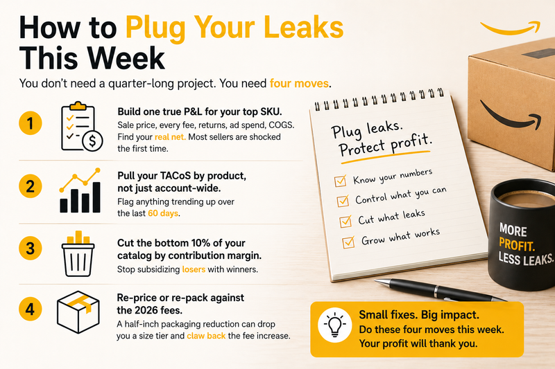 Amazon seller profit optimization guide showing four practical steps to reduce profit leaks, including SKU profitability analysis, TACoS monitoring, product catalog cleanup, and packaging cost reduction strategies.